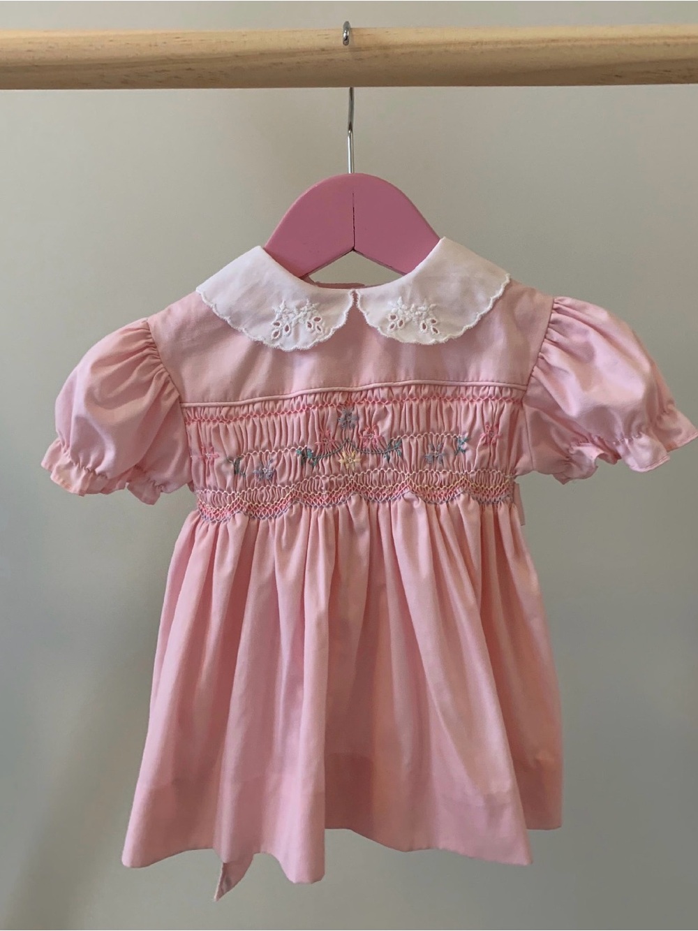 Vintage Polly Flinders Classic Pink Smocked Peter Pan Collar Baby Dress 12M
